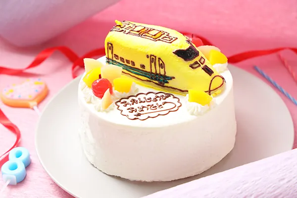 パティスリーデコレの乗り物立体オーダーケーキの作例（黄色い新幹線）
